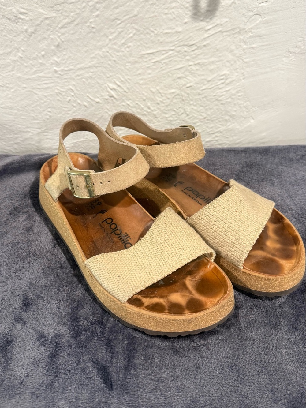 Papillio Beige Canvas Platform Sandals with Ankle Buckle
